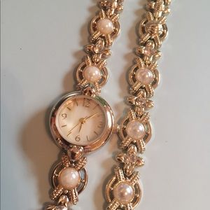 Gold and Pearl Watch & Bracelet Set